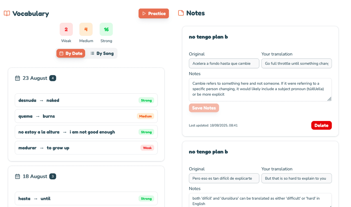 Music Linguist Review Your Progress - Access your saved vocabulary and notes all in one place on the dedicated review page interface for learning languages through music