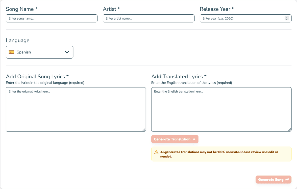 Music Linguist Import a Song - Find your favourite song on Spotify or import it manually (our AI can help with the translations too) interface for learning languages through music