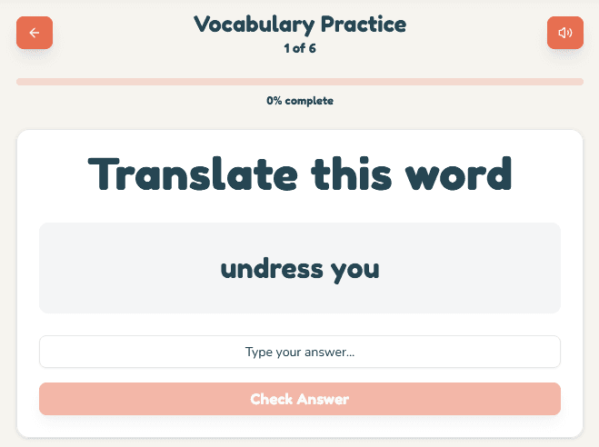 Music Linguist Practice Vocabulary - Test your knowledge with interactive vocabulary exercises interface for learning languages through music